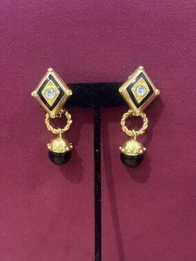 LESLIE BLOCK Gold Black Rhinestone Door Knocker Runway EARRINGS